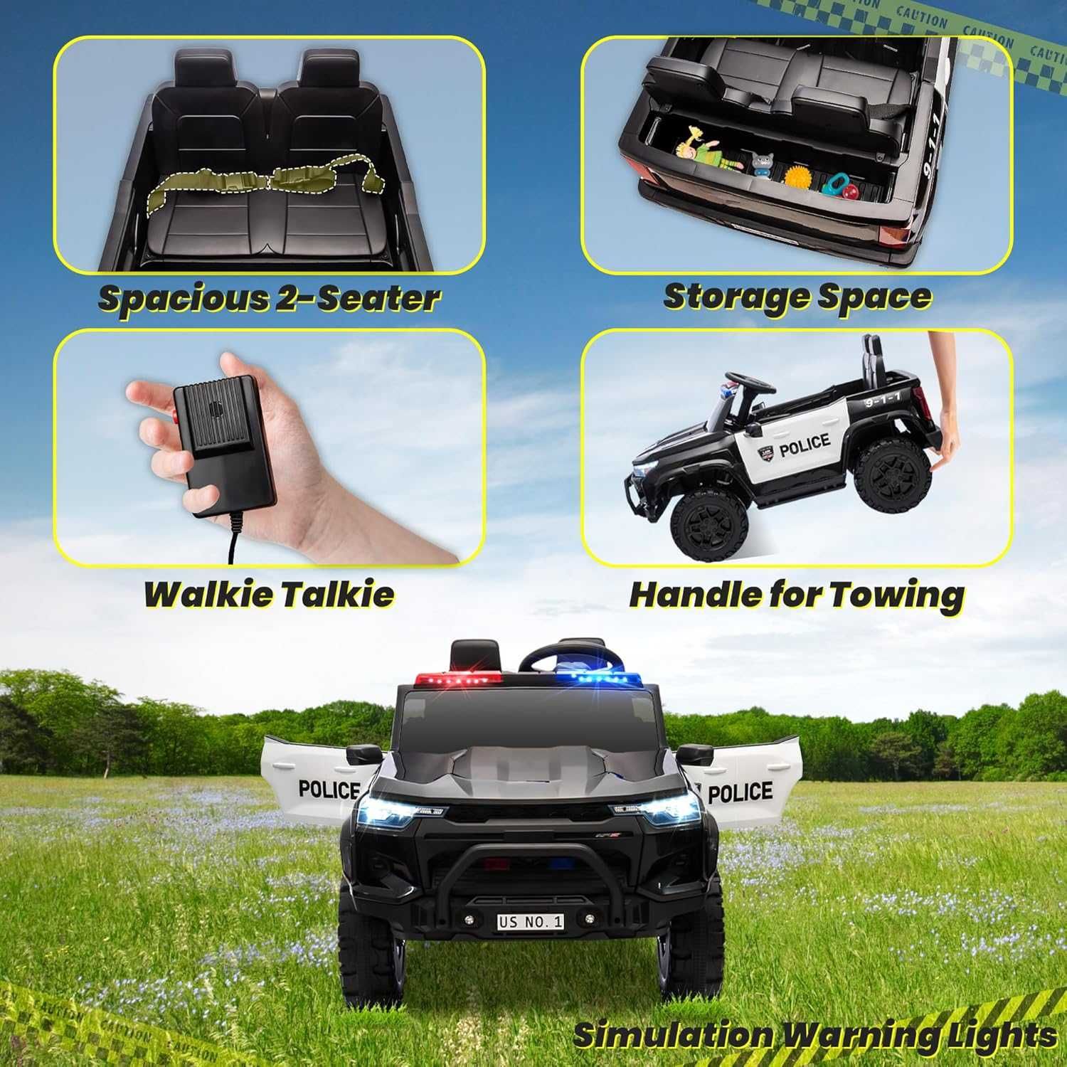 Двуместен акумулаторен джип POLICE 4X4 24V MP3 меки гуми,Кожена седалк
