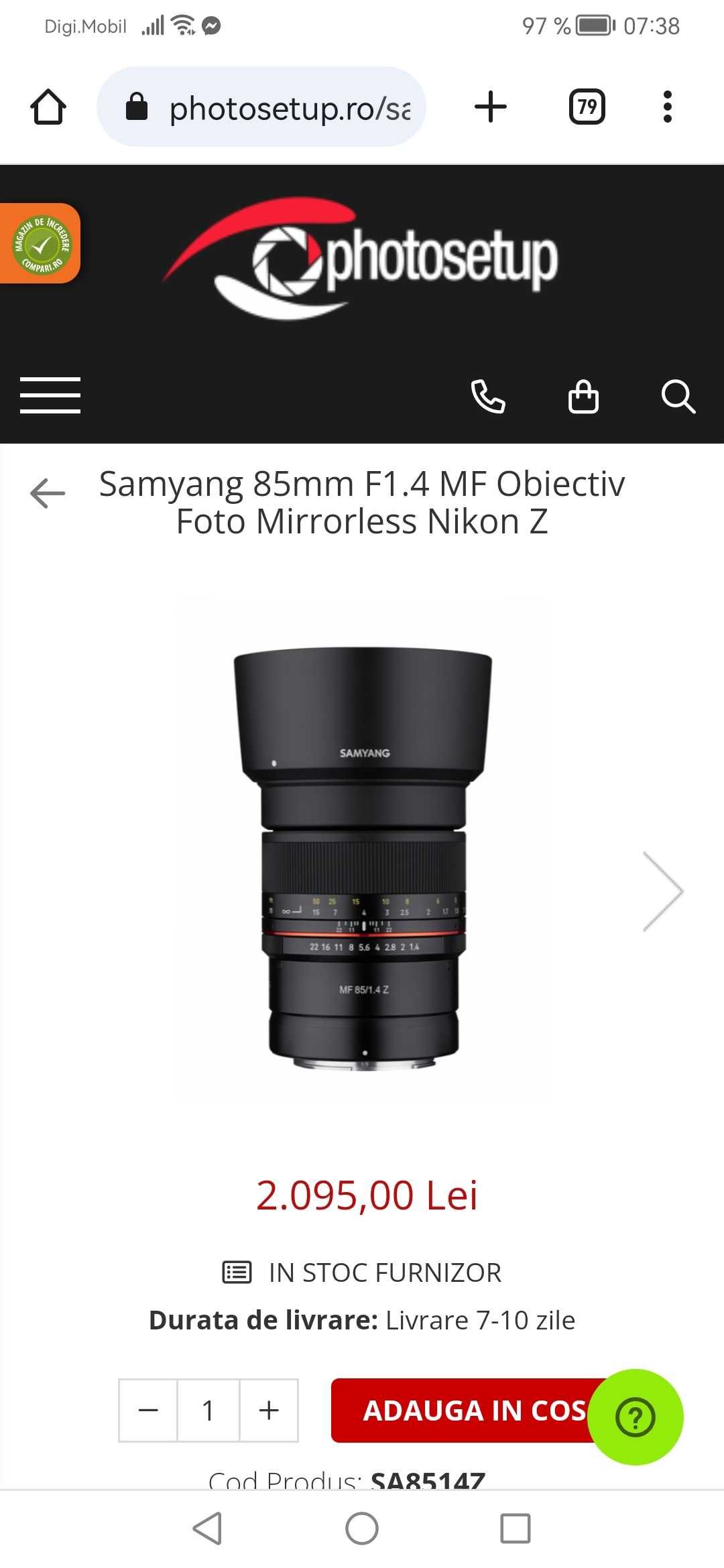 SAMYANG 85mm f1.4 Sony FE obiectiv foto video