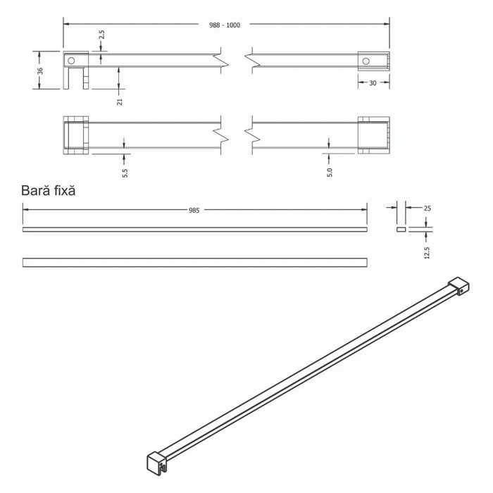 Bara stabilizatoare inox pentru perete dus sticla, 100cm,200 RON