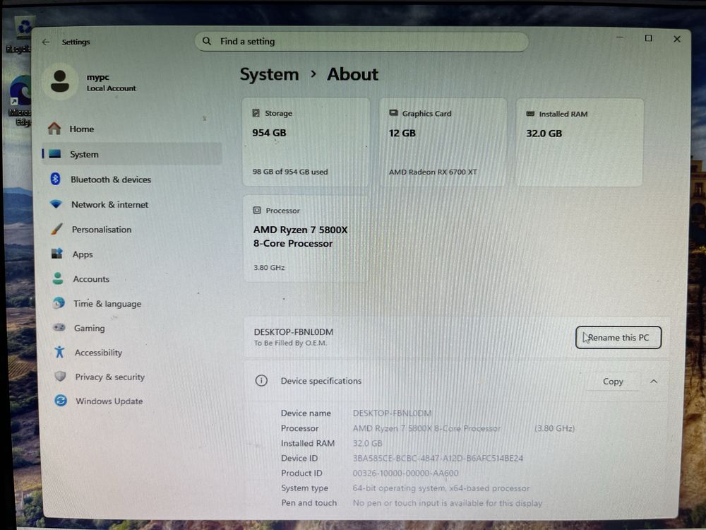 Gaming PC ryzen 7 5800x , RX6700xt
