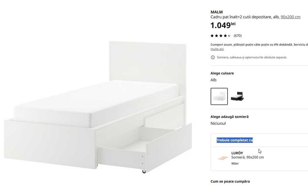 Pat Ikea Malm 90x200 cu saltea si somiera si sertare