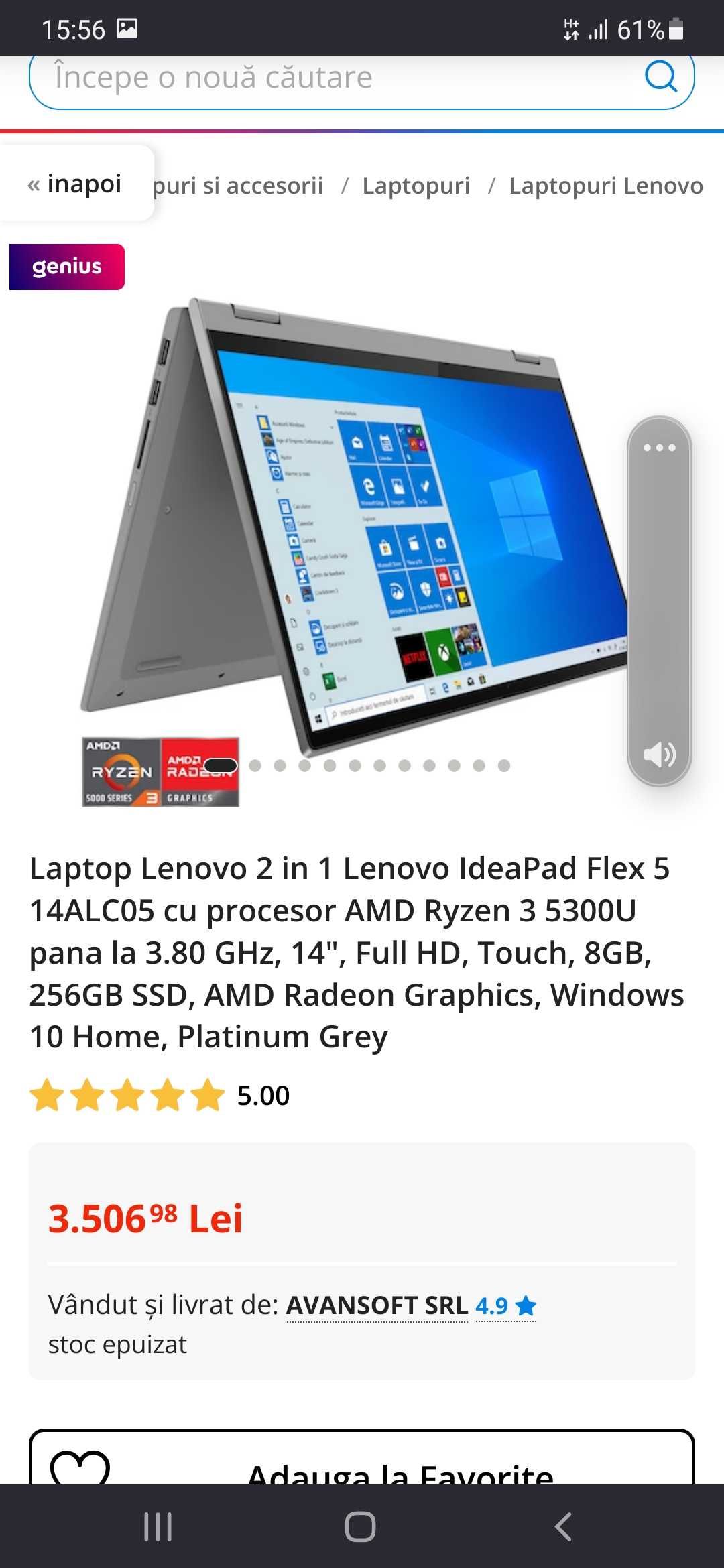 Laptop 2 in 1 Lenovo IdeaPad Flex 5, Ryzen 3 5300U, 14", 8GB, 256 SSD