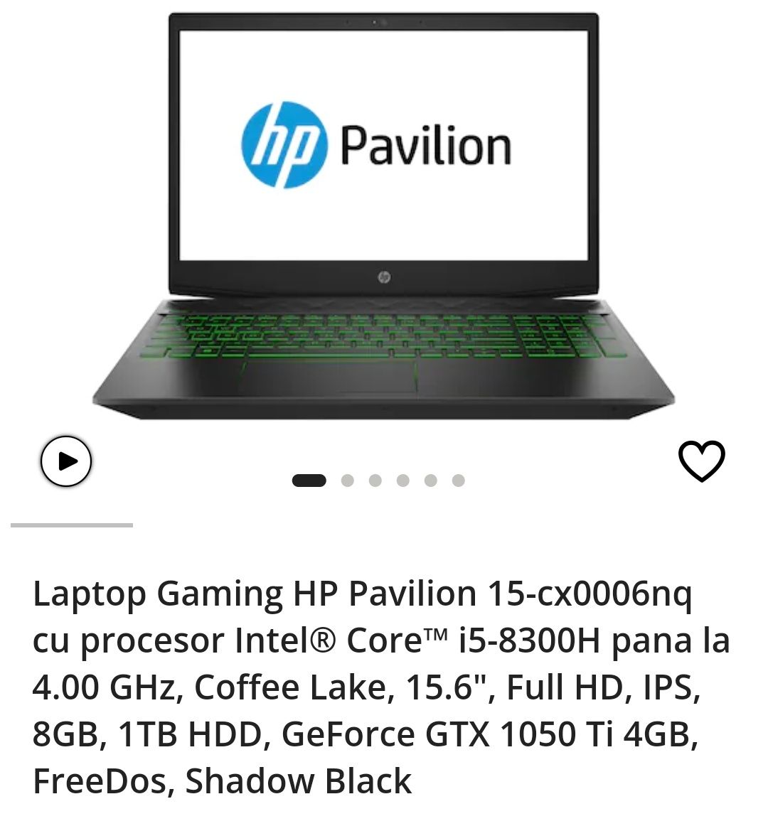 Laptop Gaming HP Pavilion 15-cx0006nq + ssd m.2(baterie defecta)