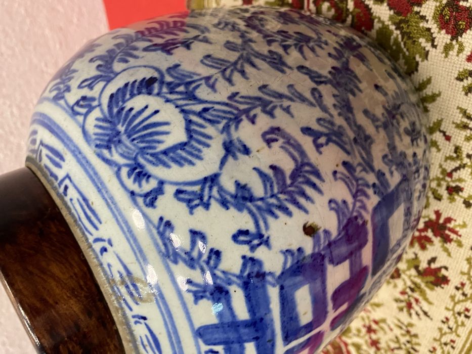 Китайски буркан Double Happiness синьо бял винтидж 1900 г