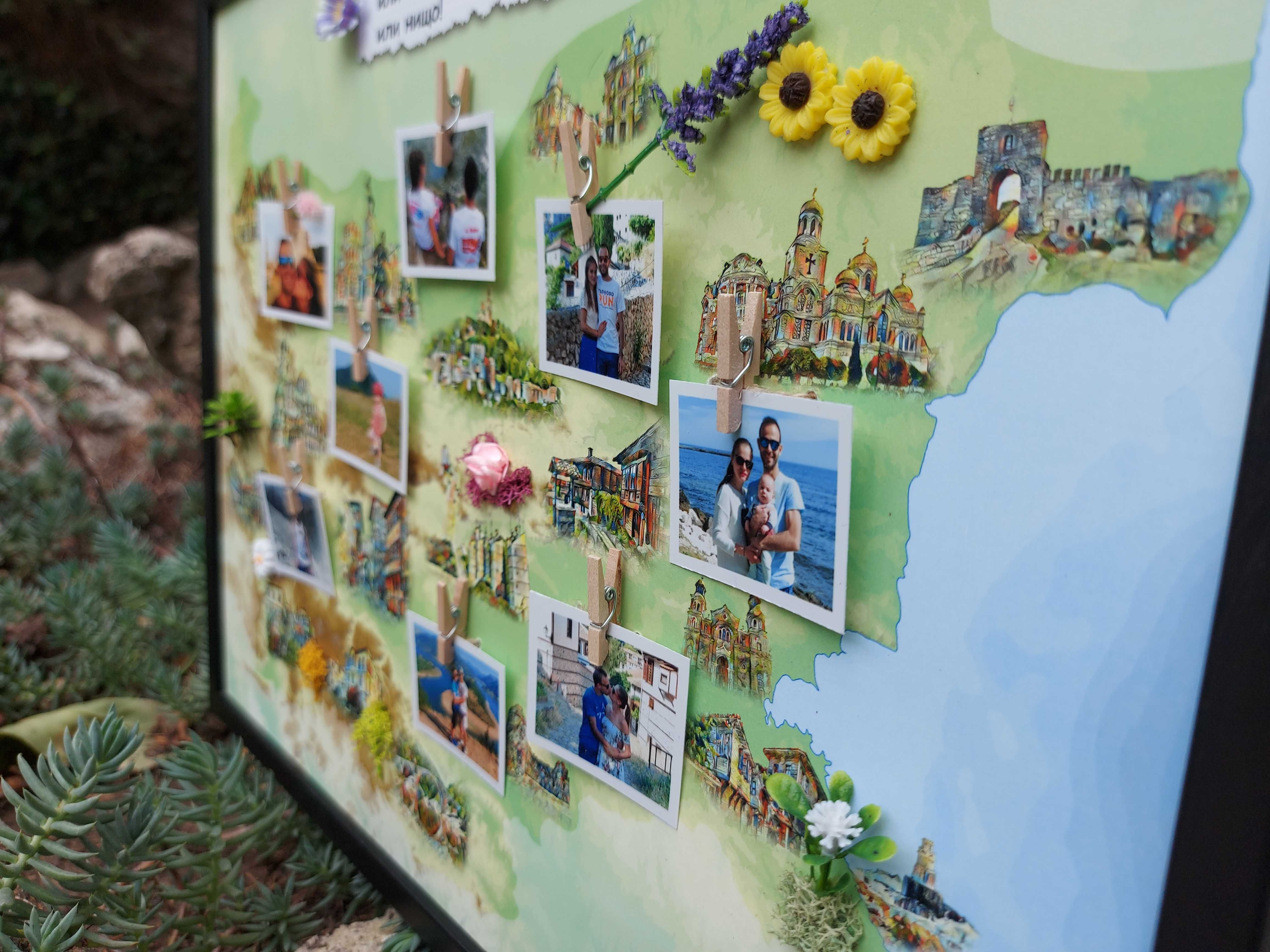 Пано-карта на България със снимки и декоративни елементи