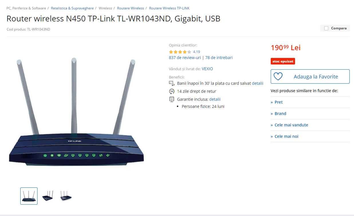 Vand router wireless TP-LINK WR1043ND 10/100/1000 Mbps