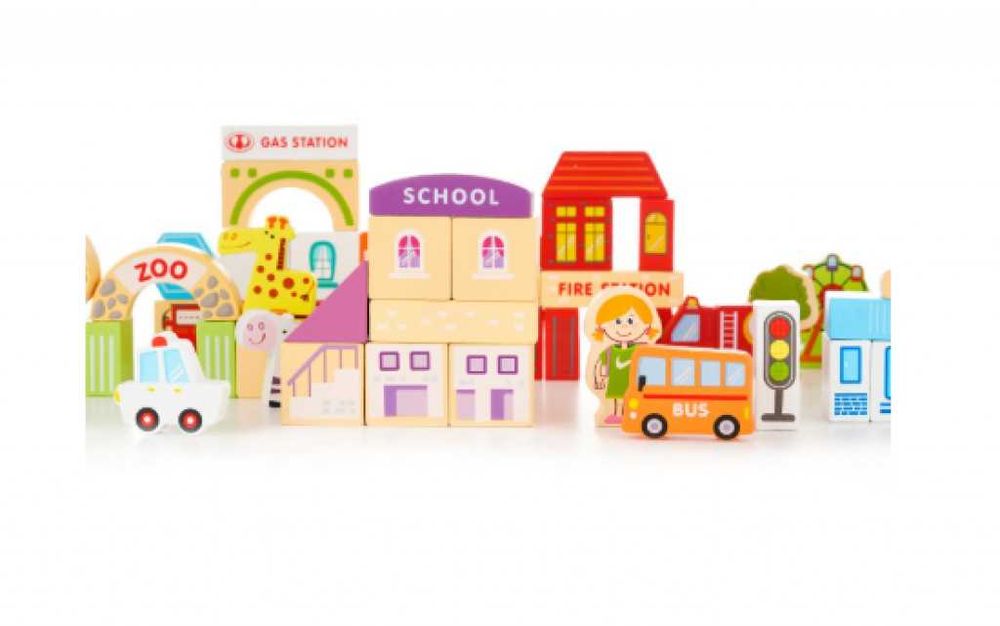 Комплект конструктор с дървени блокчета в кофа, 120 части