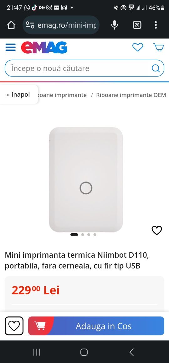 Mini imprimanta termica Niimbot D110, portabila, fara cerneala, cu fir