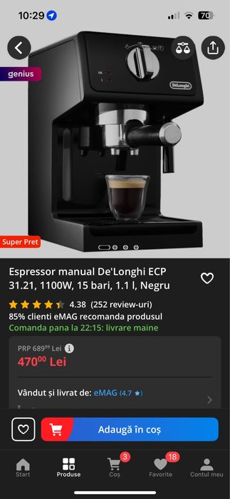 Espressor manual De'Longhi ECP 31.21, 1100W, 15 bari, 1.1 l(Ca Nou)