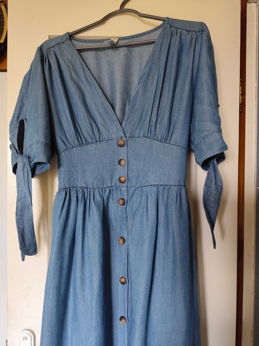 Лятна тънка дамска дънкова рокля с къс ръкав