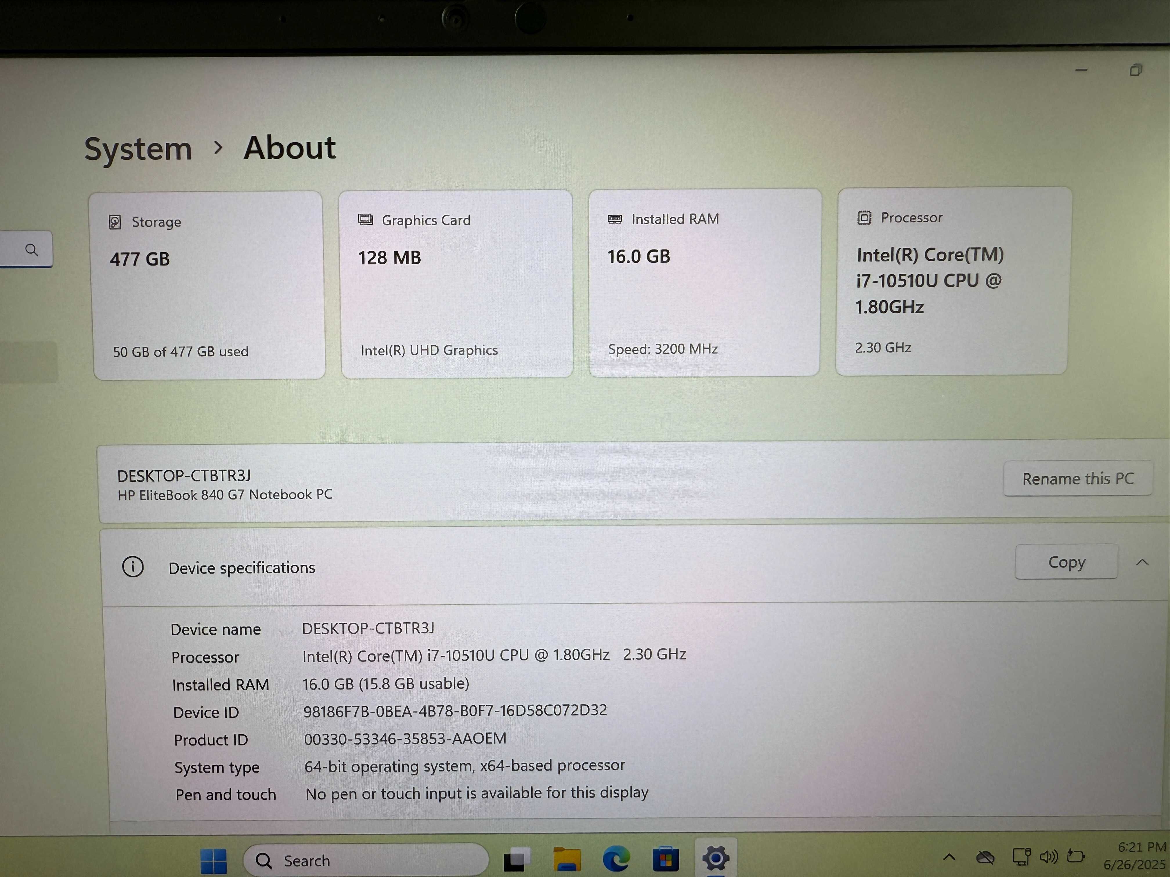 Продавам лаптоп HP EliteBook 840 G7 i7-10510U / 16GB RAM / 512GB SSD