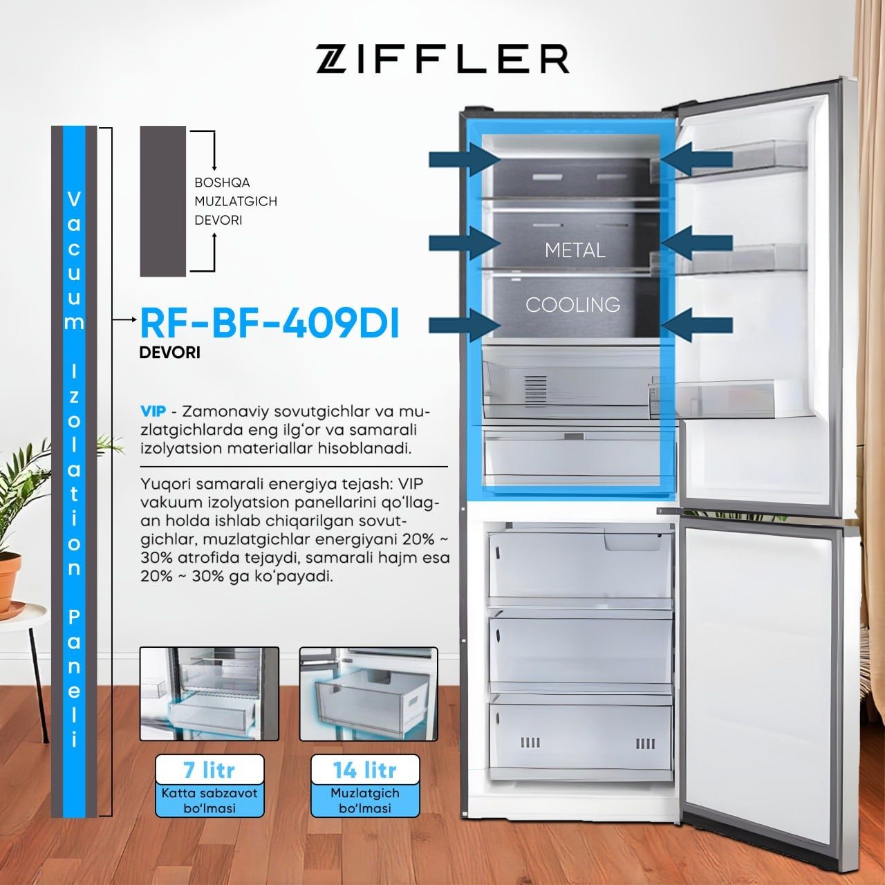 Xaladilnik Ziffler 409ltr 10yil kafolat hoziroq buyurtma bering