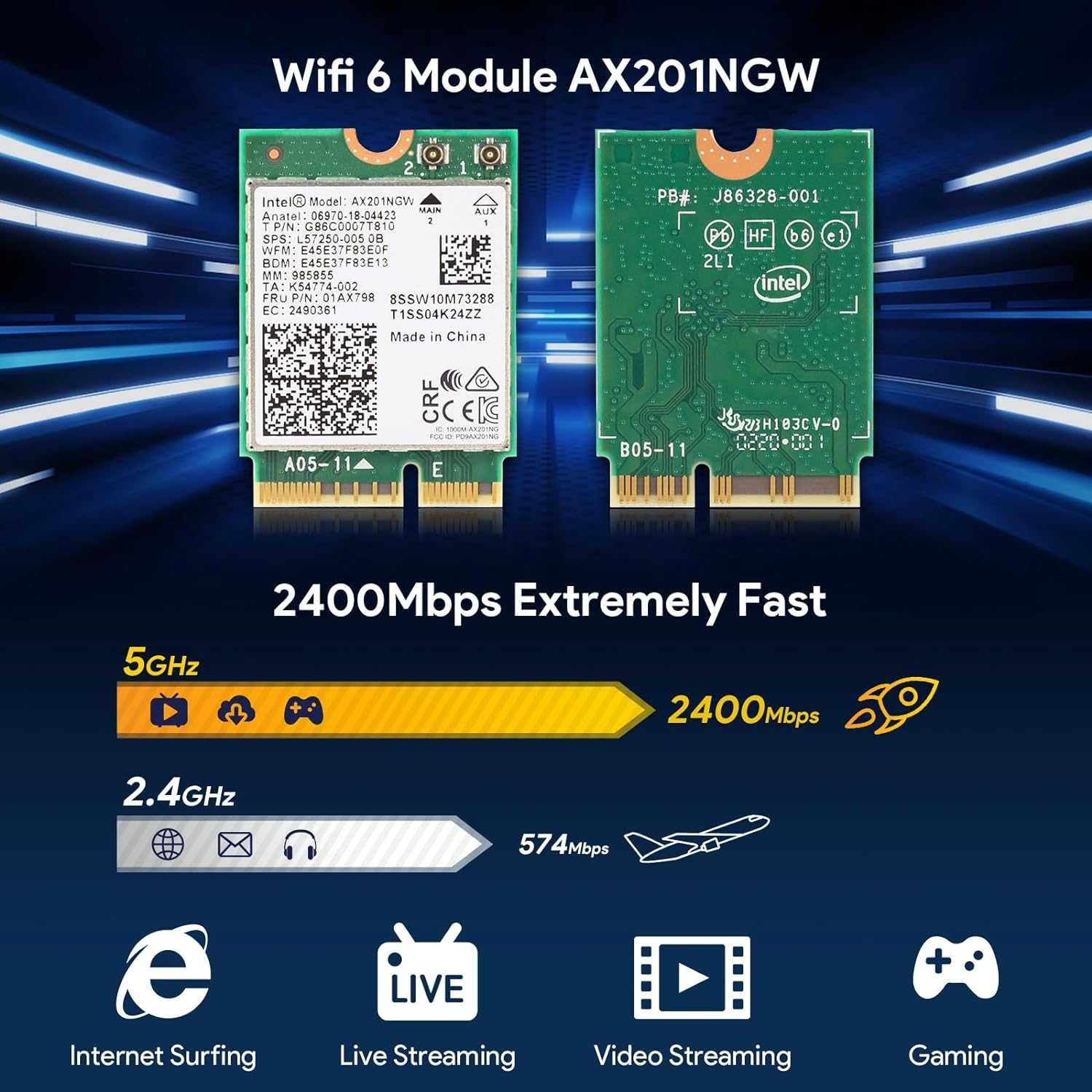 Placă wireless WiFi 6 Intel AX201NGW,Win 10/11(64 biți)M.2/NGFF,BT 5.2