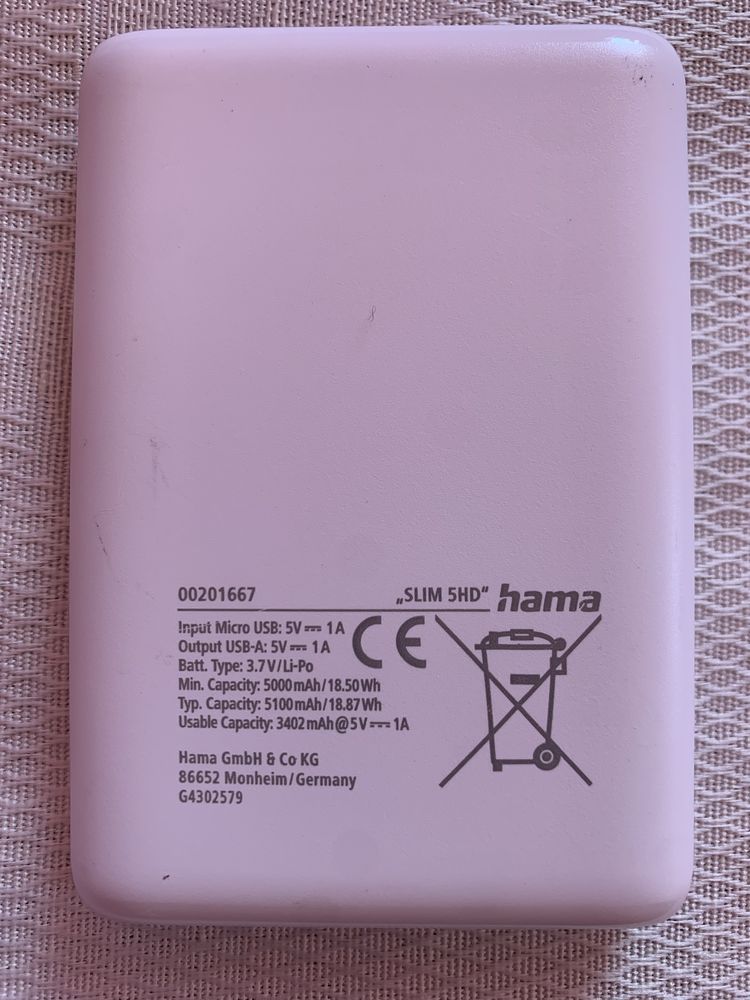 Портативна батерия Hama - Slim 5HD, 5000 mAh, бяла
