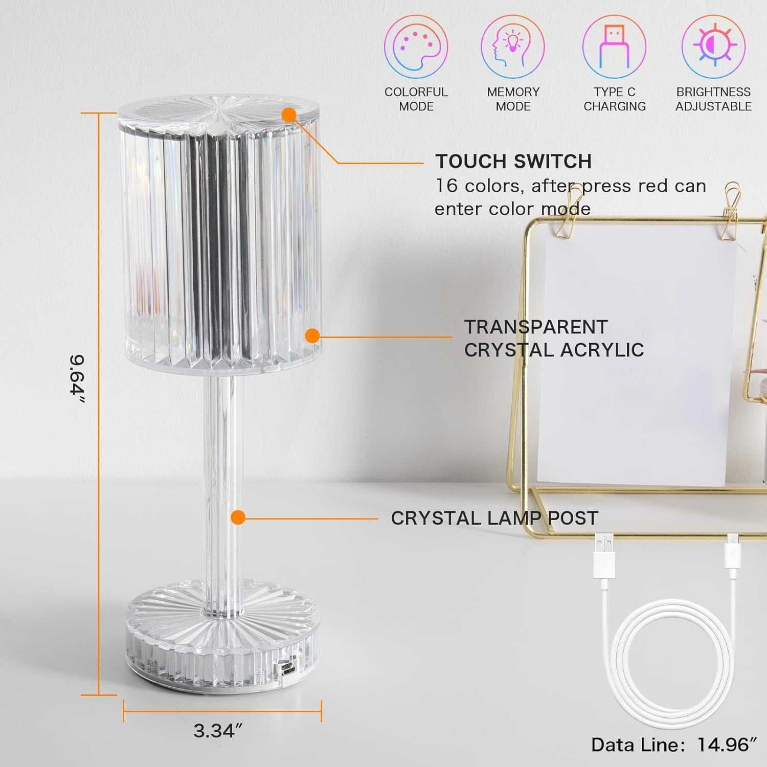 Lampa acrilica tip cristal RGB reincarcabila USB telecomanda 8.5x25cm