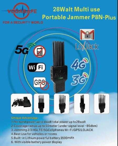 Мощен Преносим 5G Заглушител Смартфон GPS BT5 Lojack GSM 8X Канала 28W