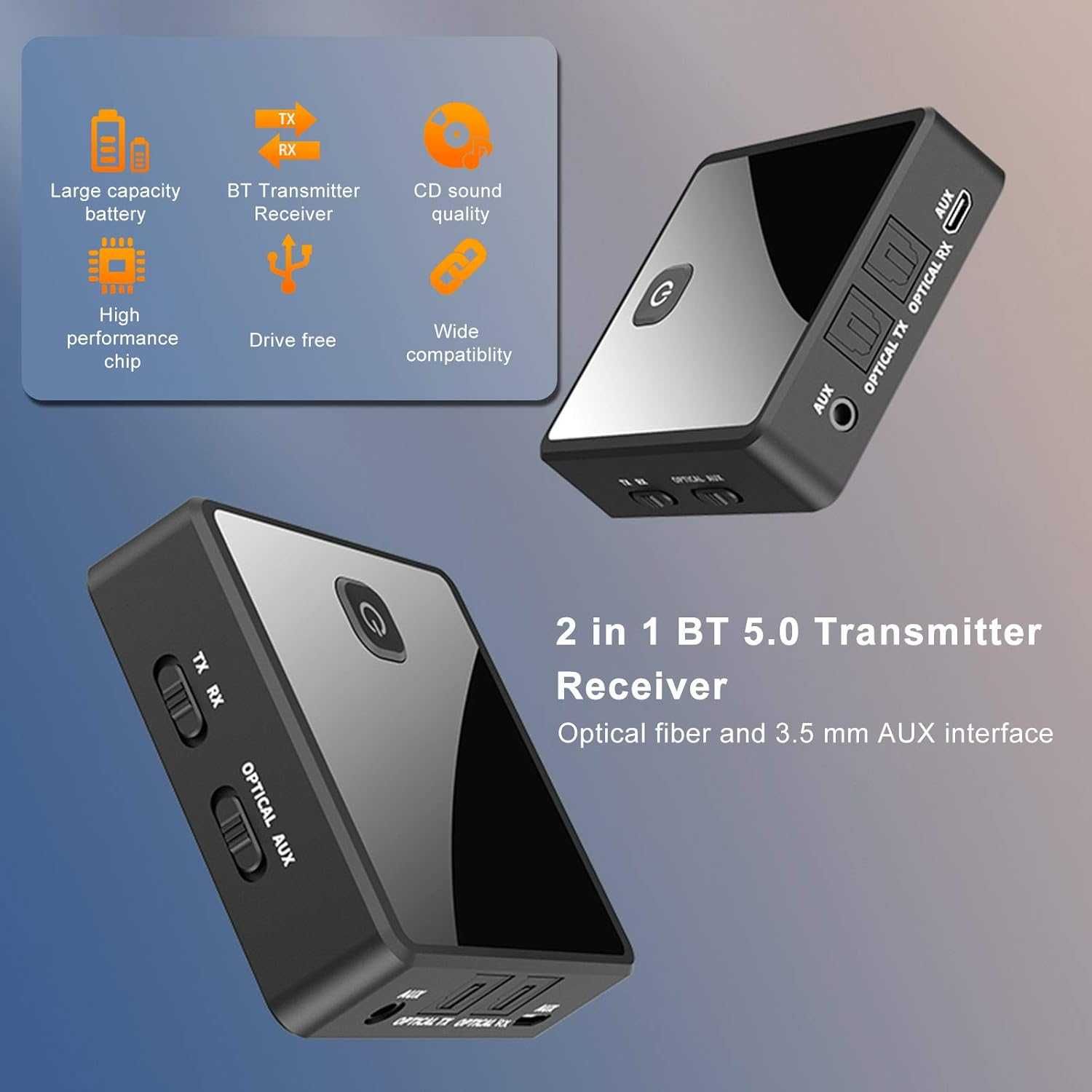 Bluetooth аудио адаптер ZF380, черен, 5.0, с вградена батерия 300mAh