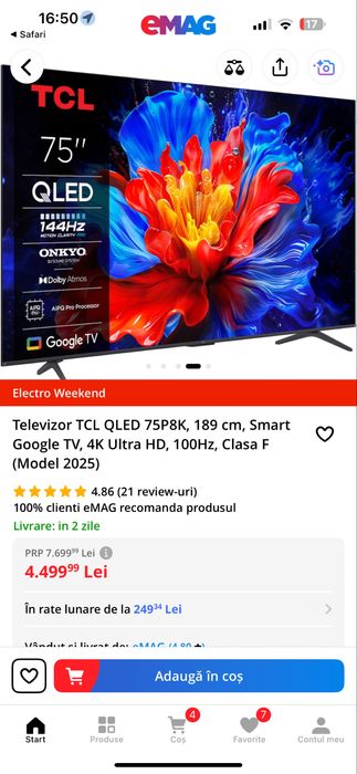 Vand tv tcl 189 cm ultra 120 hz folosita 2 saptamani are folia pe ecra