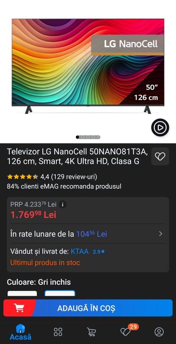TV LG 4K NANO CELL în garanție, 50" (126cm)