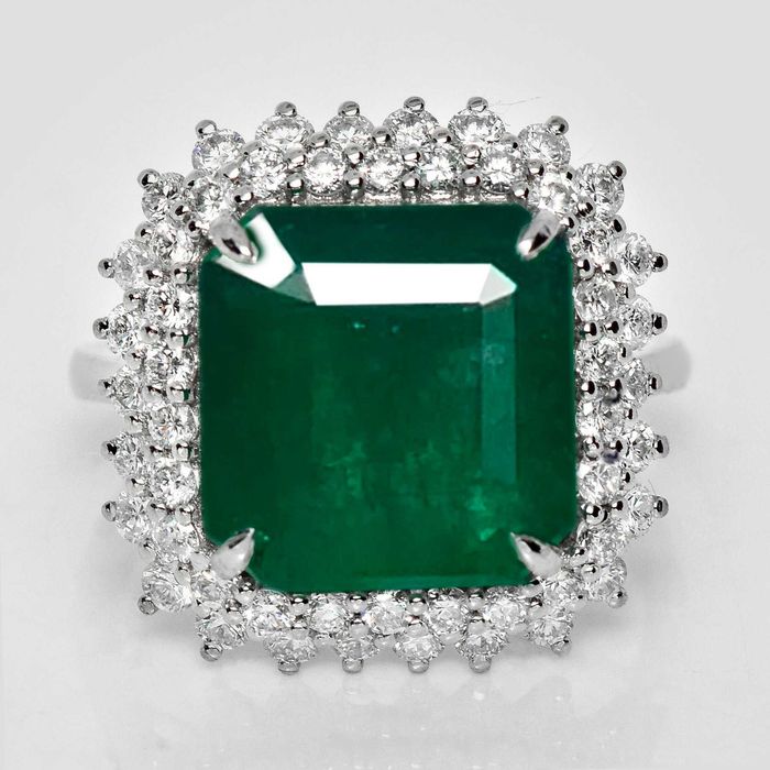 Inel 14K, smarald natural 6.69ct Zambia și 1.16ct diamante Certificat