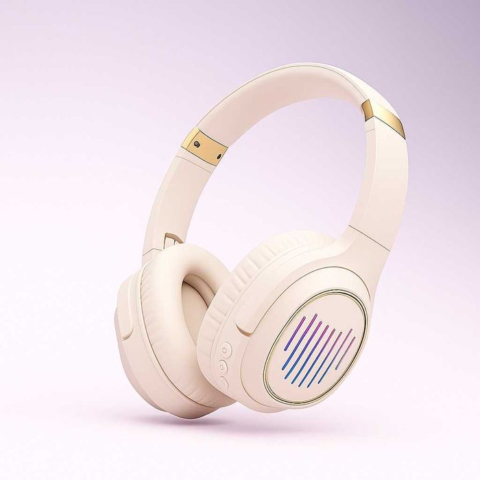 Căști sendem Bluetooth – Bej,  iluminare RGB, bass puternic
