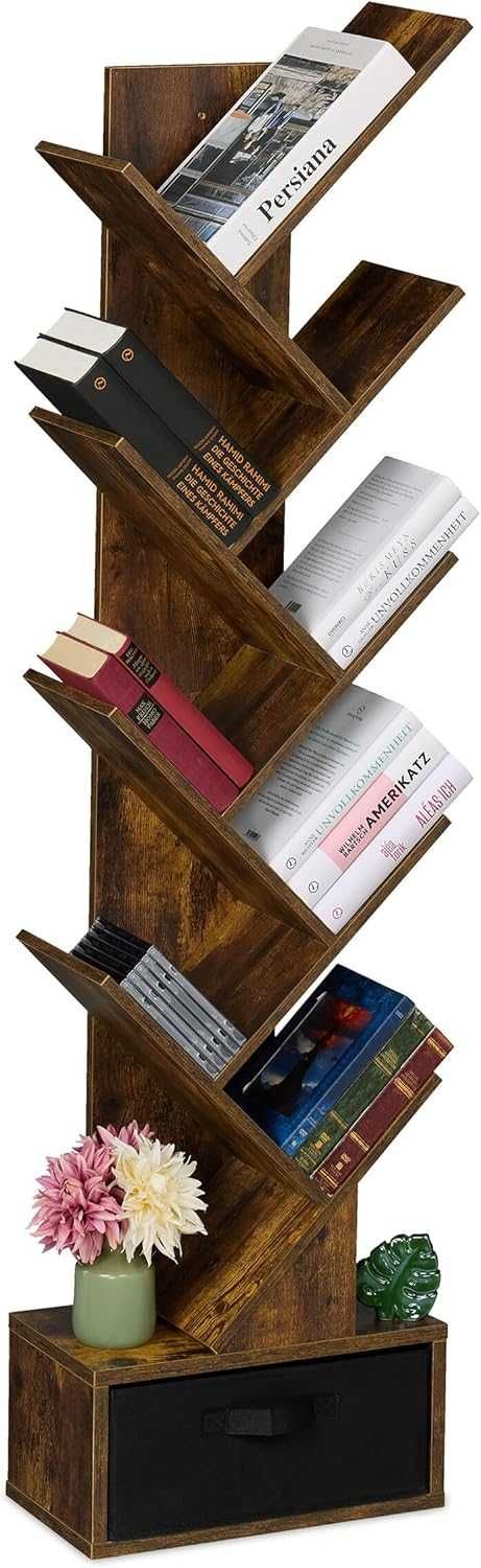 Дървена библиотека за книги тип дърво 9 рафта + чекмедже, бял, венге