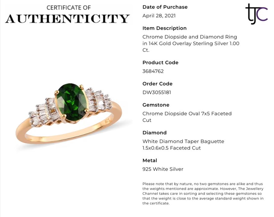 Inel Argint 925 placat cu Aur 14K – Diopsid Chrome & Diamante – 1.00ct