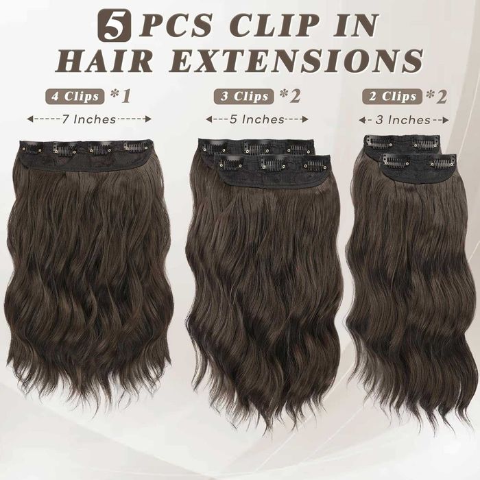 5 броя тъмно кафяви синтетични екстеншъни на вълни 50 см