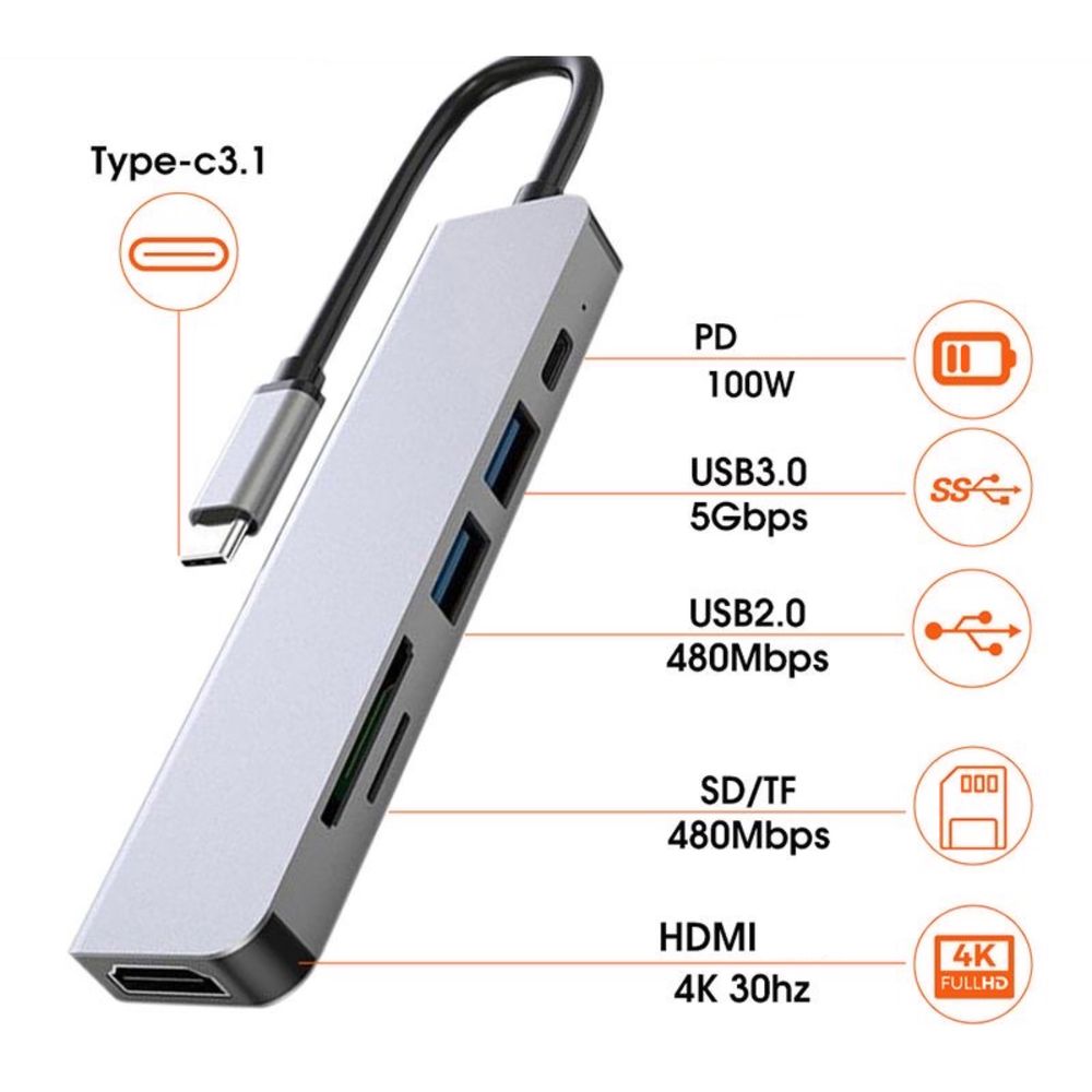 Концентратор, переходник, хаб, разветвитель Type-C-USB Hub, HDMI