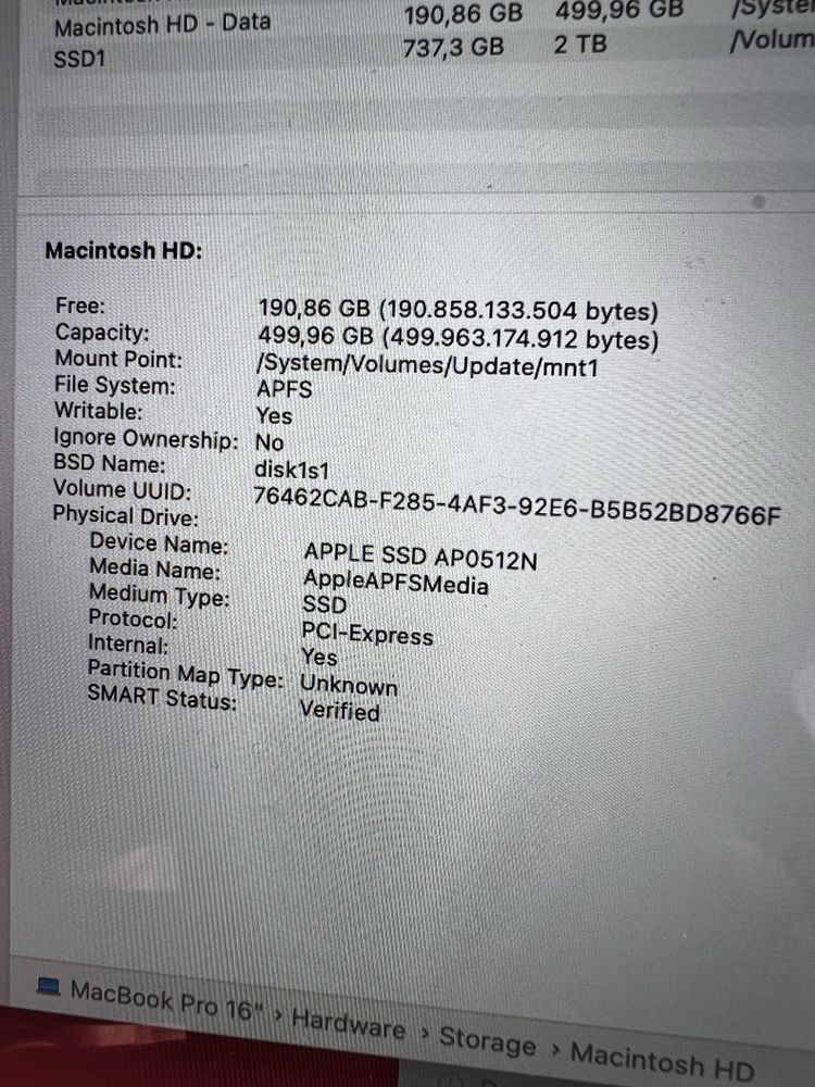 Macbook Pro 16 2019 i7 16gb RAM 512gb SSD - 12 cicluri