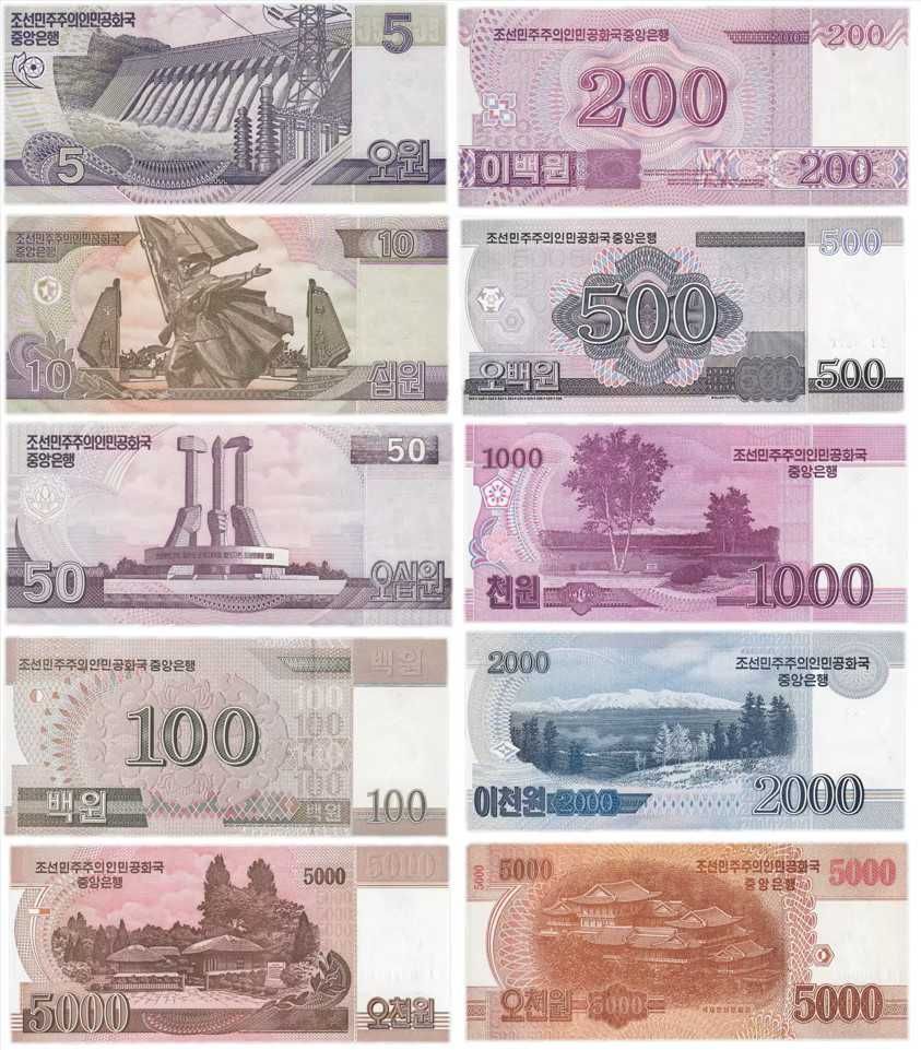 Северная Корея. Полная Коллекция из 10 Банкнот - Вона КНДР. UNC