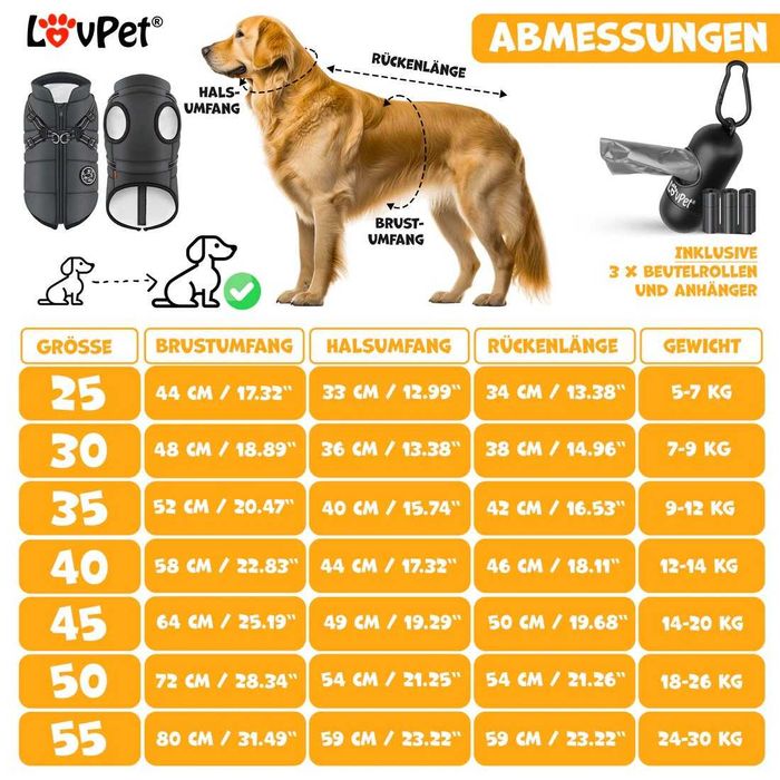 LOVPET яке за кучета, палто за кучета 50 размер  + 45x торбички