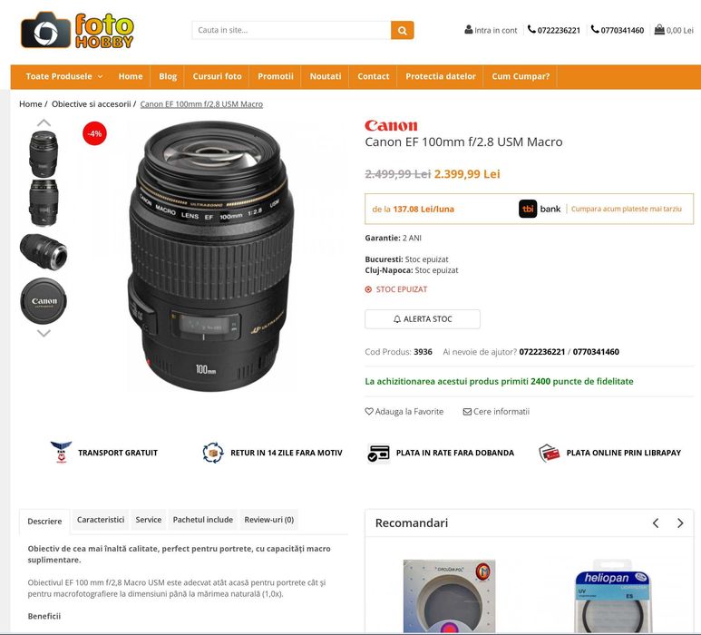 Obiectiv Canon 100mm Macro f2.8 Ultrasonic stare perfecta