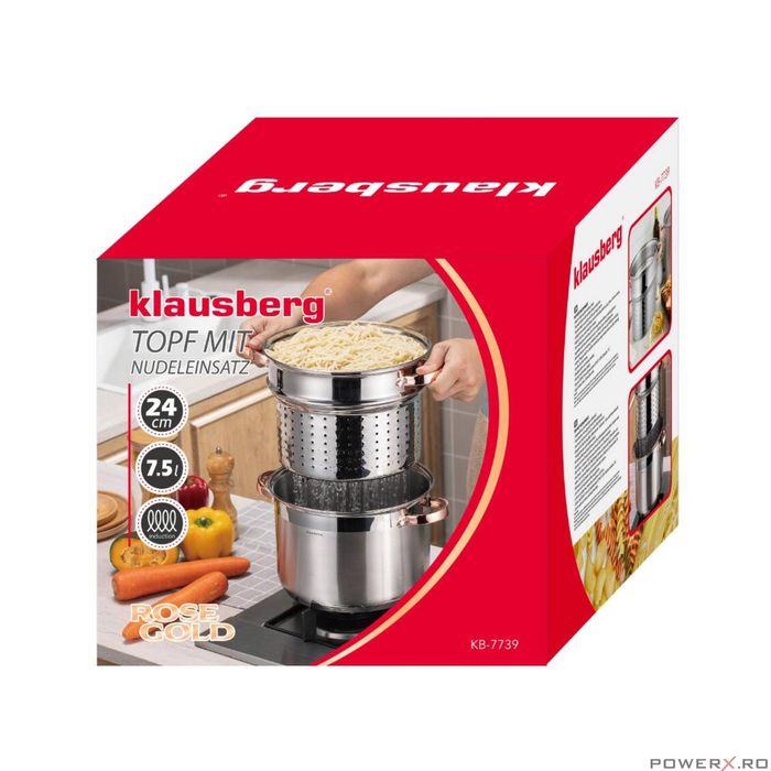 Oala din inox cu insertie pentru fiert, capacitate 7,5 litri, 24 cm,