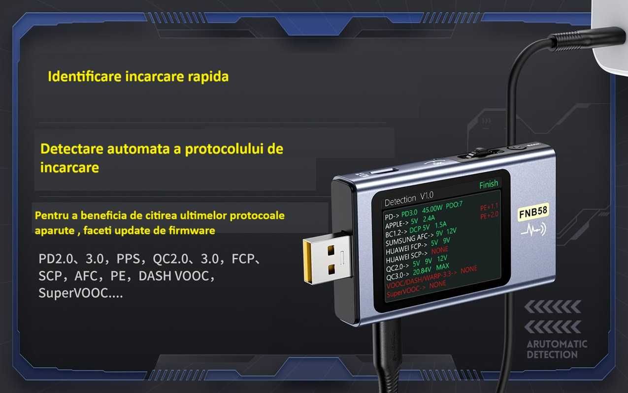 Tester USB  Fnirsi FNB58 E-marker test rezistenta capacitate Bluetooth