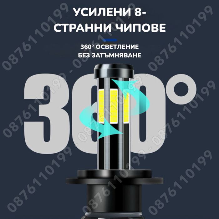 ТРИ ЦВЯТА 300W 360° LED Диодни крушки H7 12-24V LED Крушки за фарове