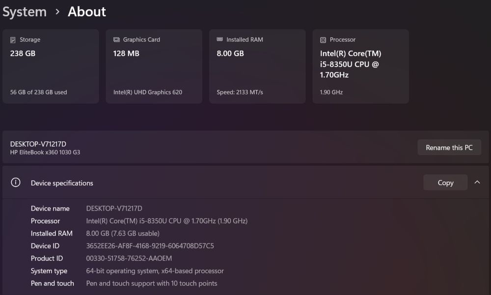 HP EliteBook i5 8350U 8GB RAM 256 SSD M2