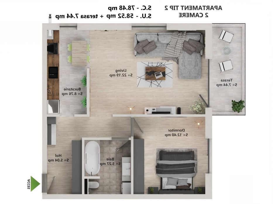 inchiriez ap 2 camere, Tunari, 1 loc parcare