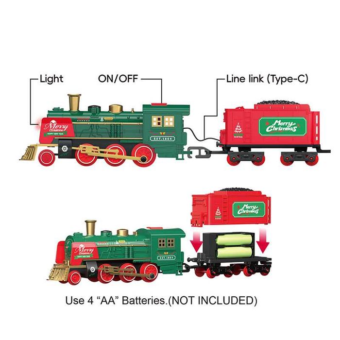 Коледно влакче на релси със светлина и пара