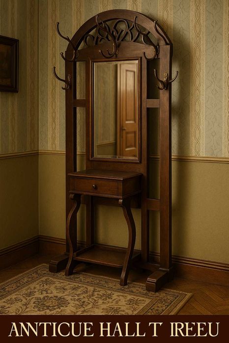 Cuier vintage lemn masiv oglindă cristal , început 1950