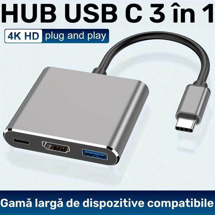 3in1 adaptor USB-C la HDMI 4K + USB 3.0 + USB-C pentru telefon laptop