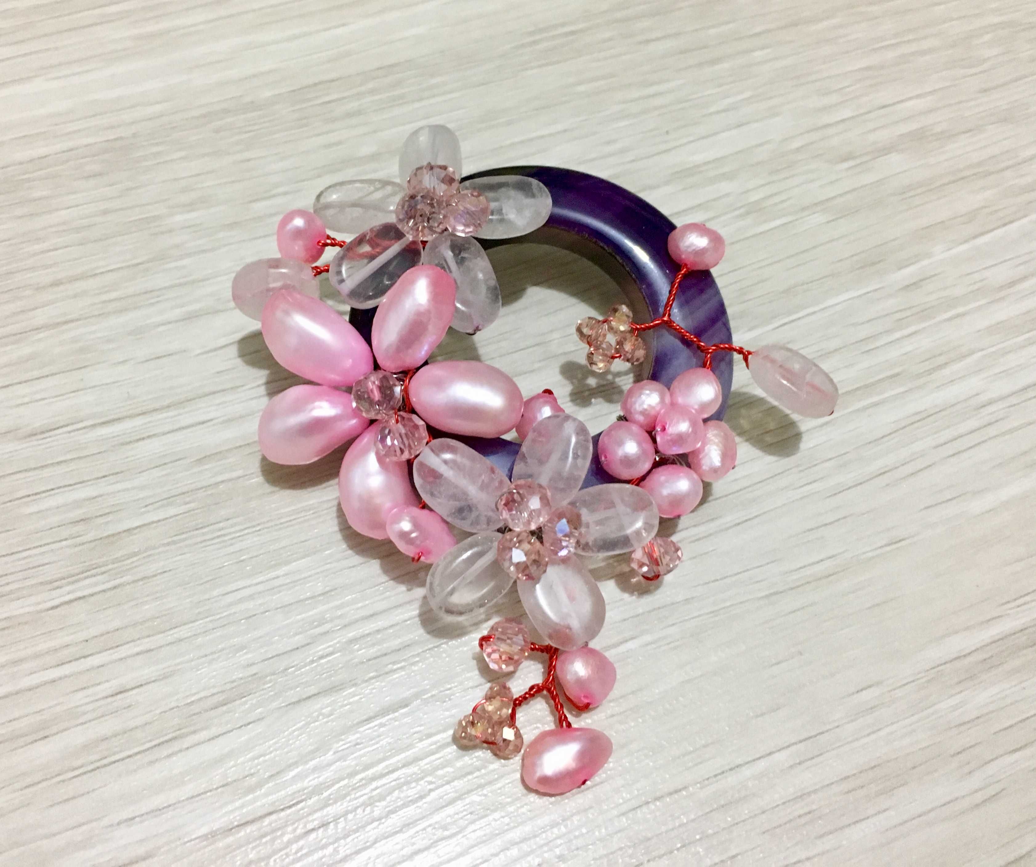 Brosa handmade cuart roz, agat, perle
