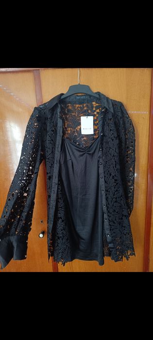 Set negru 2 piese - rochie tip maieu & kimono din dantelă/flanea fină