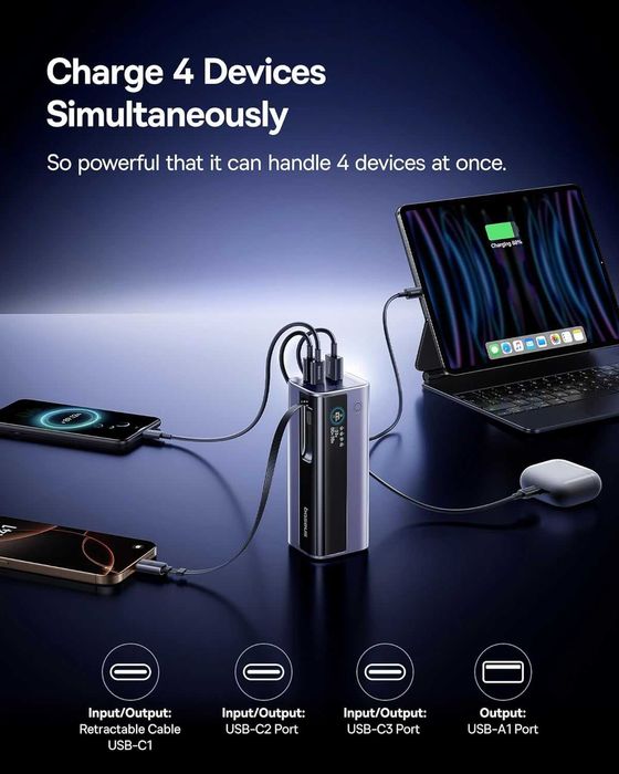 Външна батерия Baseus 20000 mAh, 145 W с вграден прибиращ се кабел