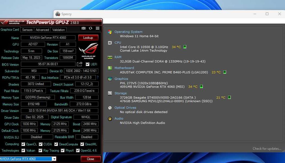 Unitate Gaming-i5 10500, 32GB RAM, RTX 4060 8GB DDR6 128 BITI