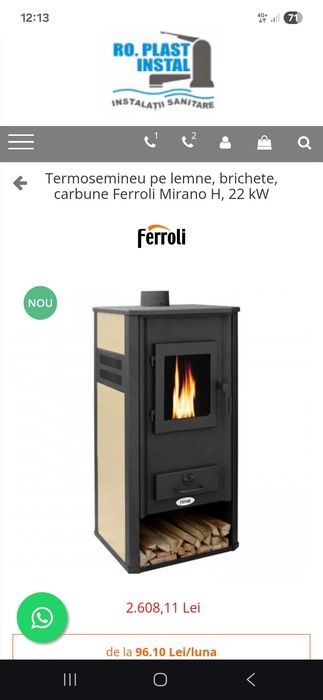 Termosemineu pe lemne, brichete, carbune Ferroli Mirano H, 22 kW