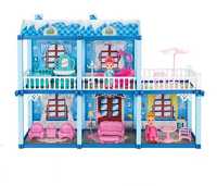 Двуетажна къща с кукла и обзавеждане в синьо