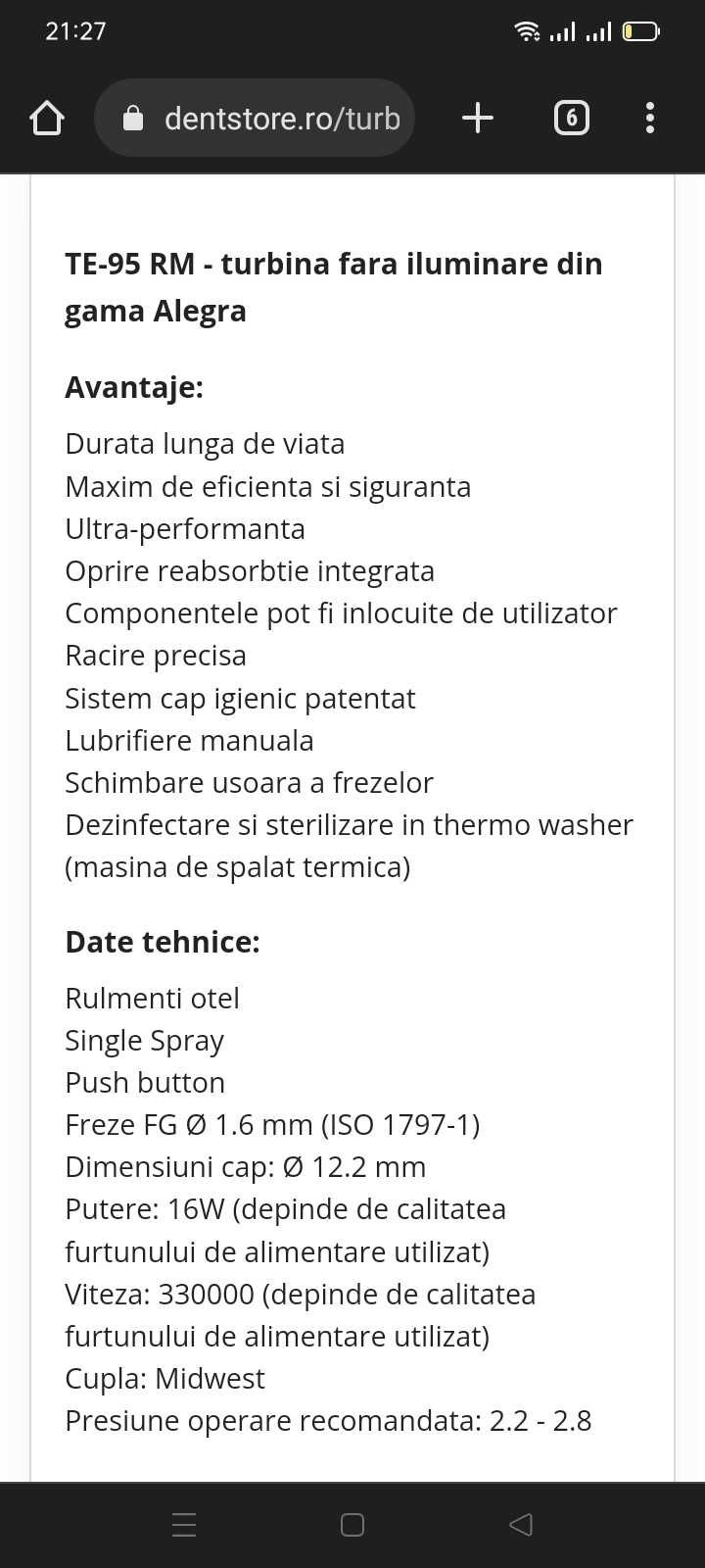 Turbina stomatologica W&H Alegra TE-95 RM