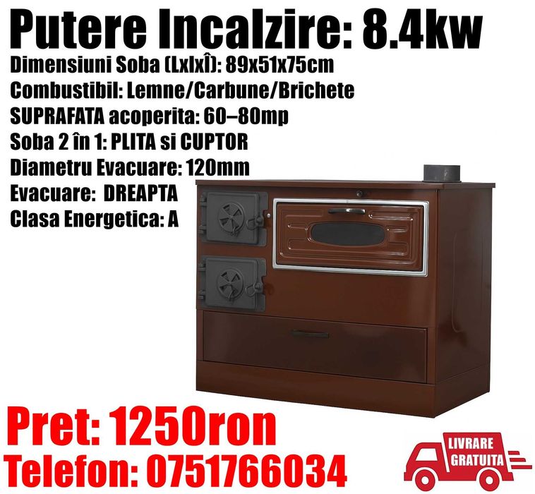 Soba Incalzit Gatit Lemne Plita Cuptor Sertar 8.4 kw LivratGRATUIT SM