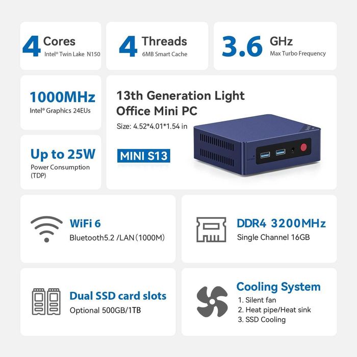 Мини Пк Mini Pc Beelink Mini S13 Intel 150 13th  16Gb DDR5 500GB SSD